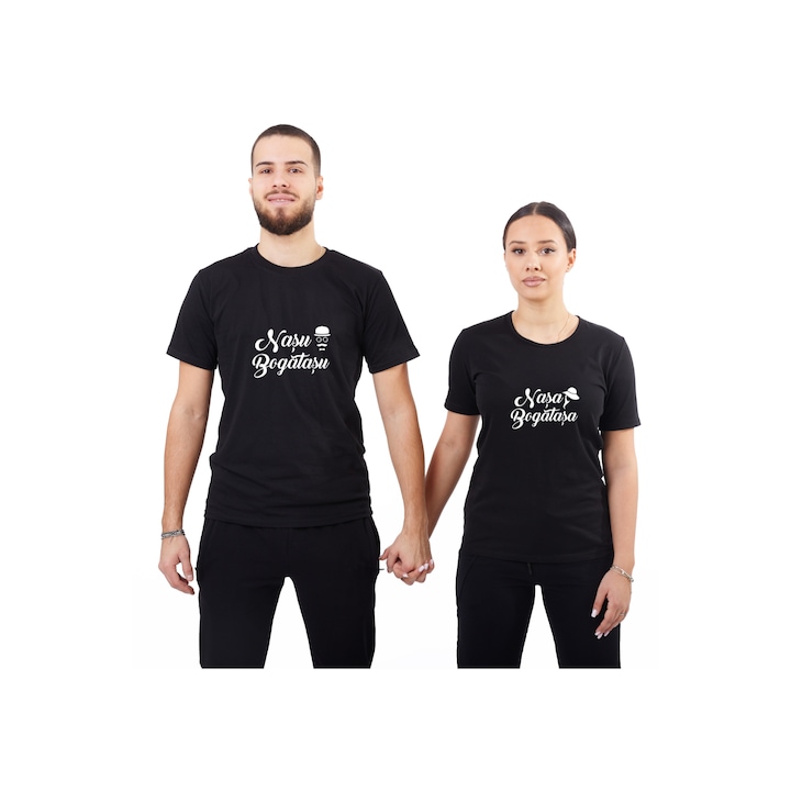 Cadou cuplu Set 2 Tricouri cadou pentru cuplu personalizat cu mesaj text Nasu & nasa bogatasa