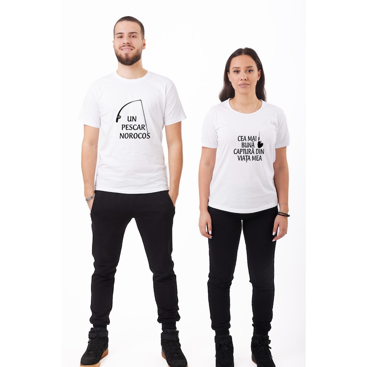 Cadou cuplu Set 2 Tricouri cadou pentru cuplu personalizat cu mesaj text Pescar norocos